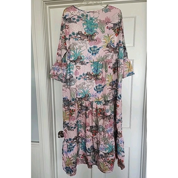 Summery Pink Asian Tiger Floral Tiered Maxi Mumu 3/4 Flutter Slvs Feminine 2XL - Picture 6 of 14